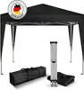 A black pop-up canopy tent is shown assembled, with its folded frame, and a carrying bag displayed separately on a white background. Produktbild-Vorschau