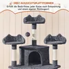 A multi-level cat tree with platforms, a hideaway, and a dangling toy, set against a light-colored, textured background. Podgląd zdjęcia produktu
