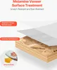 A diagram illustrating the layered construction of a piece of furniture, showing the melamine veneer surface treatment and E1 grade particleboard. Voir les images du produit