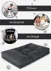 Collage showing a dog bed in different settings: at home, in the backyard, and in a car for travel, with a close-up of the bed at the bottom. Produktbild-Vorschau