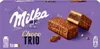The image shows the front of a Milka Choco Trio chocolate bar box, with a product image and branding. Anteprima dell’immagine prodotto