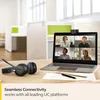 A laptop with a webcam and headphones on a desk, showing a video conference call. Produktbild-Vorschau