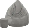 A gray beanbag chair and a matching ottoman are shown against a white background. Voir les images du produit