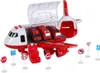 A toy transport airplane with several small fire trucks inside, surrounded by miniature traffic signs. Produktbild-Vorschau