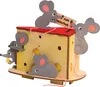 A wooden craft kit of a cheese-shaped money box with mice figures. Produktbild-Vorschau