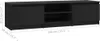 A black TV stand with dimensions indicated. Voir les images du produit
