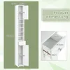 A diagram showing the dimensions of a tall, narrow white cabinet with multiple shelves, a drawer, and two doors. There is also a close-up inset of a drawer with dimensions. The background is a gradient of green and white. Podgląd zdjęcia produktu