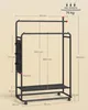 A diagram showing the dimensions of a black metal garment rack with wheels and hanging pockets. Produktbild-Vorschau