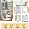 A collage of images showcasing a white and gold bookshelf with various decorative items and close-ups of its features. Podgląd zdjęcia produktu