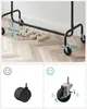 A collage showing a garment rack with shoes on the bottom shelf, and two types of wheels that can be attached to the rack. Produktbild-Vorschau