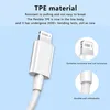 A close-up marketing image of a white charging cable, highlighting its features with text overlays. Produktbild-Vorschau