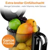 A close-up of a juicer container filled with various fruits, including apples, mangoes, oranges, bananas, grapes, and lemons. Text overlays highlight product features. Produktbild-Vorschau