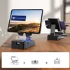 A tablet and a smartphone are displayed on charging stands on a wooden desk. Below the main image are three icons representing the product's features. Podgląd zdjęcia produktu
