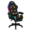 A black gaming chair with RGB lighting, featuring an integrated footrest and orange circles indicating massage points. Podgląd zdjęcia produktu