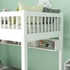 A close-up view of a white bunk bed with shelves underneath, decorated with small figurines. Náhľad obrázku produktu