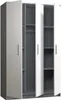 An open wardrobe with three doors, showing shelves and hanging space. Voir les images du produit