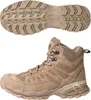 A pair of tan hiking boots shown from the side and the sole from the top. Produktbild-Vorschau