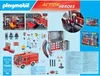A collage of images showcasing a Playmobil fire station playset, including figures, vehicles, and accessories. Produktbild-Vorschau