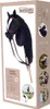 The image shows the packaging of a black hobby horse with a brown bridle and mane. There are also smaller circular images on the side of the box showing children playing with hobby horses. Anteprima dell’immagine prodotto
