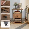 A collage of images showing details of a nightstand, including its waterproof tabletop, drawer slides, handle, and adjustable feet, alongside a lifestyle shot of the nightstand in a bedroom setting. Produktbild-Vorschau