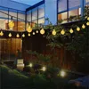 A string of solar-powered LED globe lights illuminates a garden at dusk, casting a warm glow on the surrounding trees and wooden fence. Voir les images du produit