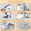 A collage of images showcasing the features and benefits of a portable mini sewing machine, contrasting it with traditional sewing machines. Produktbild-Vorschau