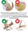 Collage of images showing details of a wooden lounger, with text explaining safety features and certifications. Podgląd zdjęcia produktu