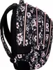 A side view of a black backpack with a floral pattern of pink and white flowers. Produktbild-Vorschau