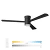 A modern black ceiling fan with a remote control and color temperature and brightness sliders. Produktbild-Vorschau