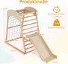A wooden indoor climbing frame with a slide, net, and ladder, with dimensions and recommended age/weight indicated. Produktbild-Vorschau