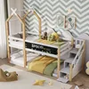 A children's bunk bed with a house-like frame, decorated with a space theme, in a bedroom setting. Produktbild-Vorschau