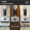 A collage of three images showing a Hoover floor cleaner in different modes on different floor types. Produktbild-Vorschau