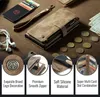A collection of items including a wallet, cards, coins, headphones, and money, arranged on a brown surface. Produktbild-Vorschau