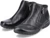 A pair of black leather ankle boots with zippers on a white background. Produktbild-Vorschau