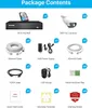 A collage of package contents for a security camera system, showing the NVR, cameras, cables, power supply, mouse, and accessories. Produktbild-Vorschau
