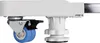 A close-up side view of a white adjustable appliance roller with a blue wheel and a black brake. Voir les images du produit