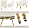 A collage of images showing a cream-colored armchair and ottoman with gold legs, along with close-ups of the product's construction and details. Produktbild-Vorschau