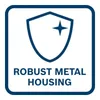 A marketing image with a shield icon and text indicating a robust metal housing. Voir les images du produit