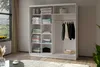A modern white wardrobe with two sliding doors, showcasing neatly folded clothes on shelves and hanging garments. Produktbild-Vorschau