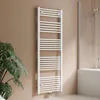 A white towel radiator is shown in a bathroom setting, next to a large potted plant and a shower enclosure. Podgląd zdjęcia produktu