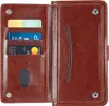 An open brown leather wallet case with credit cards inside. Produktbild-Vorschau