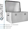 An open aluminum storage box with text on the left side and bottom. Voir les images du produit