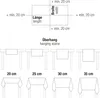 Diagrams showing how to measure tablecloth overhang and examples of different overhang lengths on tables. Produktbild-Vorschau