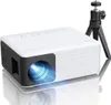 A white mini projector with a black lens and a small black tripod stand next to it, all on a white background. Produktbild-Vorschau