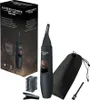 A product box and its contents, including a precision trimmer, accessories, and a storage pouch. Podgląd zdjęcia produktu