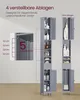Two tall, narrow bathroom cabinets are shown side-by-side, with one open to display its shelves and contents, and the other closed. A close-up inset shows a diagram of adjustable shelf heights. Produktbild-Vorschau