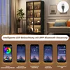 A display cabinet with LED lighting and several smartphone screens showing app controls. Produktbild-Vorschau