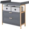 A gray changing table with two fabric storage boxes with stars on them and two drawers, set against a white background. Produktbild-Vorschau