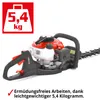 A close-up view of a red and black gasoline-powered hedge trimmer, with a red weight icon in the upper left corner and text at the bottom. Produktbild-Vorschau