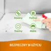 A hand is shown cleaning a couch with a spray bottle and a cloth, with icons indicating different surfaces the product can be used on. Produktbild-Vorschau